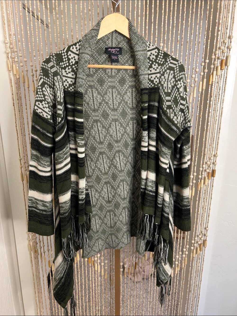 Hooked Up by IOT Olive Green and Cream Striped Fringe Open Cardigan